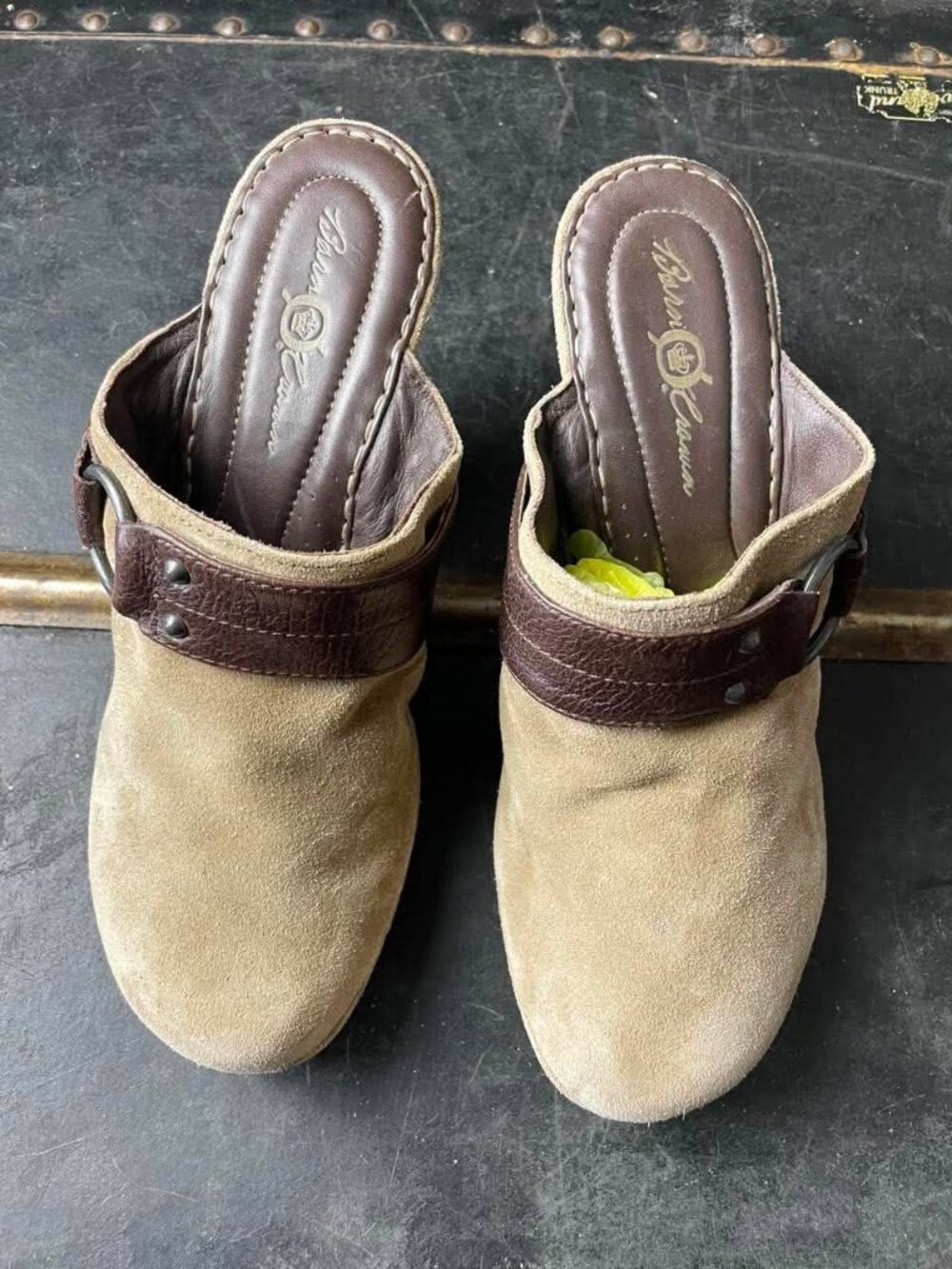 EUC Born Crown Beige/Tan Suede Clog Mules with Buckle Detail size 7